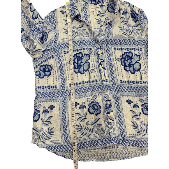 Halston Floral Linen Button-Up Top Blue White Tunic Shirt Womens Size 3X - Picture 6 of 6
